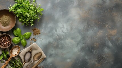 Food background. Spices, herbs and kitchen tools