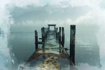 Melancholic Abandoned pier art. Avian dock. Generate Ai