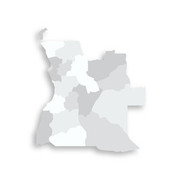 Angola political map of administrative divisions - provinces. Grey blank flat vector map with dropped shadow.