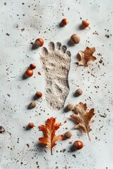 a human footprint made out from Oak tree leaf texture, small acorns around it