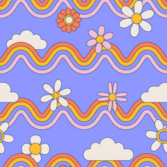 Trendy groovy retro seamless pattern with wavy geometric rainbow, white clouds and daisy flowers. Summer sky background. Linear flat vector illustration.