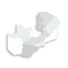 Zambia political map of administrative divisions - provinces. Grey blank flat vector map with dropped shadow.