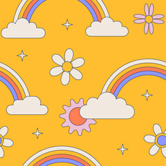 Seamless pattern rainbow arcs with daisy flowers on groovy yellow background vector illustration.