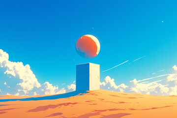 Lonely building in the desert suspended sphere science fiction illustration - obrazy, fototapety, plakaty