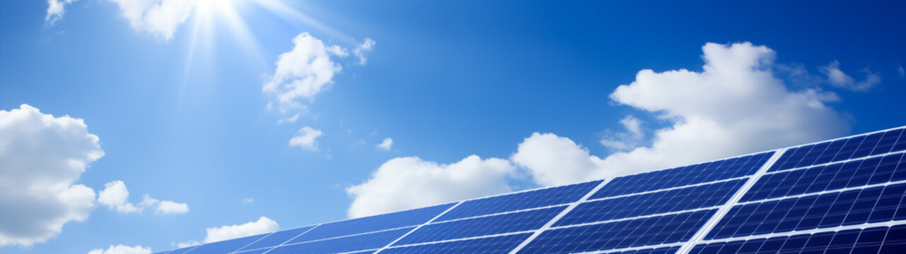 Solar Panels Against Bright Blue Sky with Clouds
