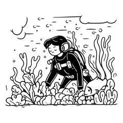 Cute scuba diver with corals and fish.