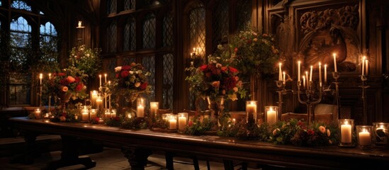 Fototapeta na wymiar A spacious table is covered with an arrangement of glowing candles and elegant flowers, creating a warm and charming ambiance