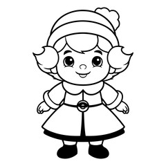 Black and White Cartoon Illustration of Cute Little Christmas Girl Character