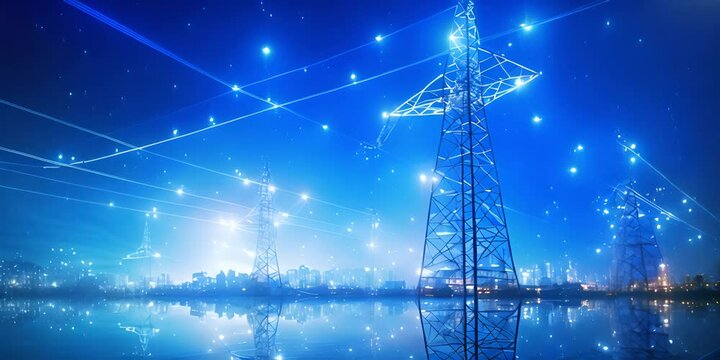 High-voltage power line. The tower with its lines of electric current. construction of lines and dots. Blue background. 4K Video