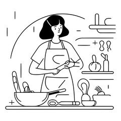 Vector illustration in flat linear style - a woman in apron prepares food.