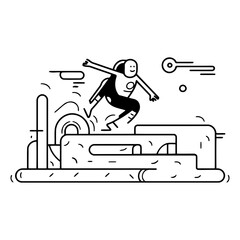 Line art vector illustration of a man jumping from a ramp to the water.