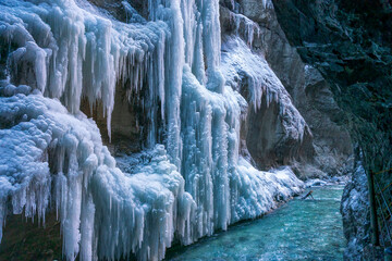 A Winter walk through the Partnachklamm canyon with iceicles