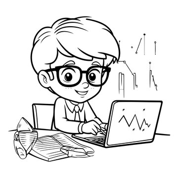Illustration of a Kid Studying with Laptop and Diagrams