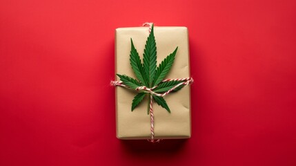 Cannabis gift box on table with cannabis leaf - obrazy, fototapety, plakaty