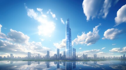 Obraz premium Photorealistic Tall building and behind it a beautiful and sky