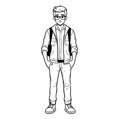 Fototapeta na wymiar Hipster young man in casual clothes. Vector sketch illustration.