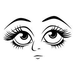 Black and white vector illustration of woman's eyes with long eyelashes.