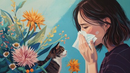 Vector illustration art of a person sneezing allergic to home animal. - obrazy, fototapety, plakaty