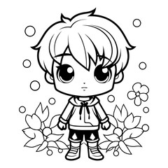 Black and white Cartoon Illustration of Cute Little Boy with Flowers Coloring Book