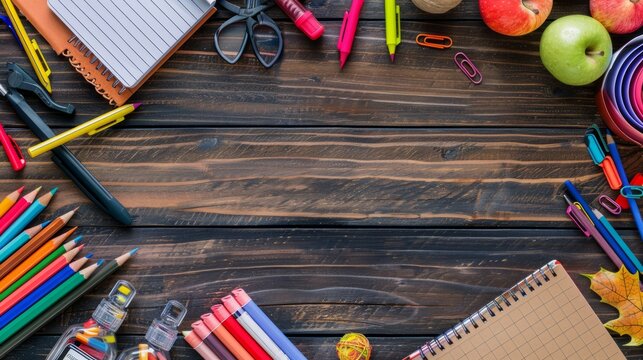 Vibrant back to school setup: colorful supplies arranged on wooden desk table in flat lay view - creepy concept