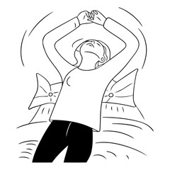 Vector illustration of a girl with closed eyes and hands raised up.