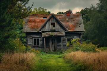 Fototapeta na wymiar Eerie Abandoned wooden house. Intimidating and broken building with green plants. Generate AI