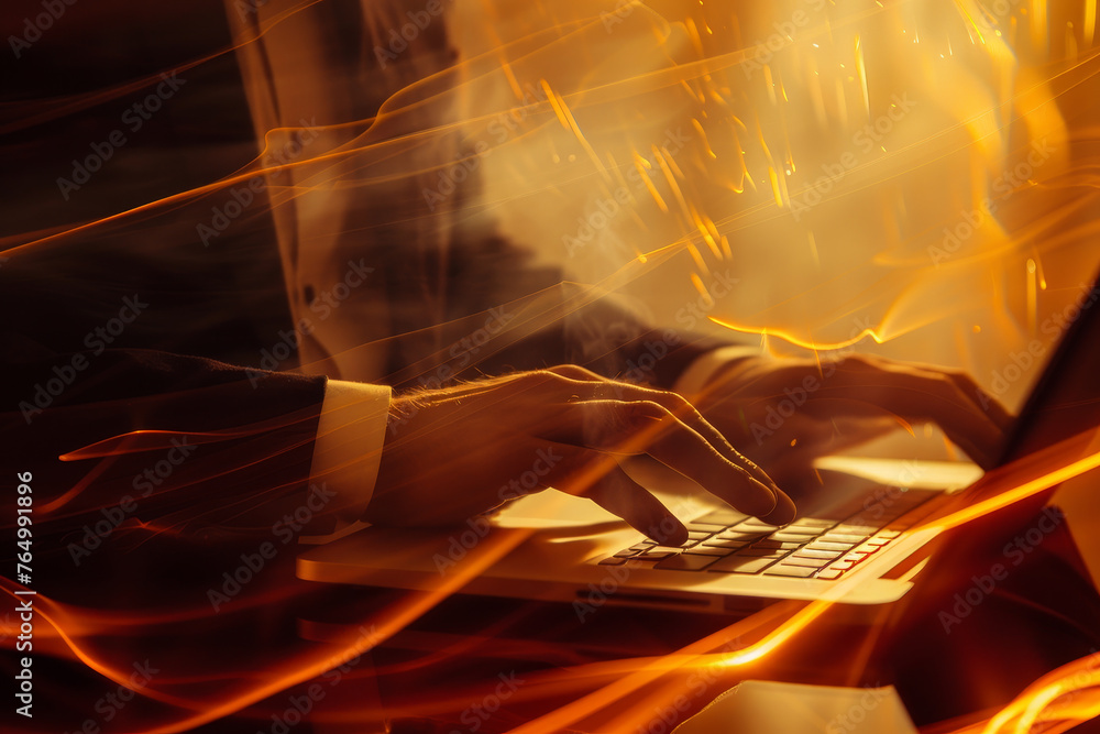 Aufkleber a close-up of a businessman's hands on a laptop keyboard in a modern office, the warm light creating