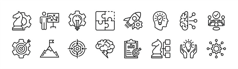 Creative business solutions thin line icon vector set. Containing strategy, creativity, idea, innovation, teamwork, startup, thinking, puzzle, discussion, brainstorm, goal, target, success management.