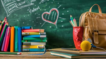 Exciting back to school setup: books, backpacks, and supplies on classroom desk against teacher's chalkboard with educational doodles, perfect for new academic year atmosphere