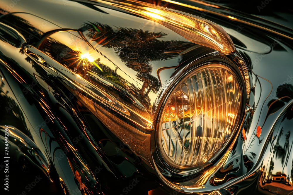 Poster a close-up of a luxury car's headlight, its unique design creating an abstract pattern in the warm l