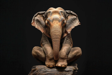An elephant sits in a tree pose on a stone, with powerful legs and a calm expression, against a...