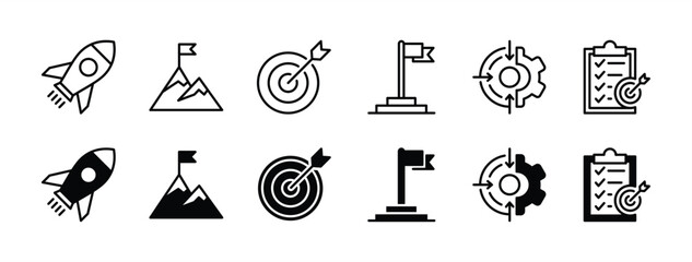 Business mission thin line icon set. Containing startup, achievement, goal, success, strategy, list management target. Target with arrow, rocket launcher, flag summit mountain. vector illustration