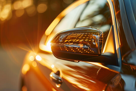 A close-up of a luxury car's rear-view mirror, its unique design creating an abstract pattern in the warm light