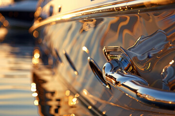 A close-up of a luxury yacht's anchor, its unique design creating an abstract pattern in the warm...