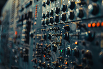 A close-up of a machine control panel in a medical laboratory, the array of buttons and switches...