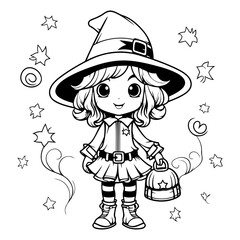 Obraz na płótnie Canvas Black and White Cartoon Illustration of Cute Witch Girl Character for Coloring Book