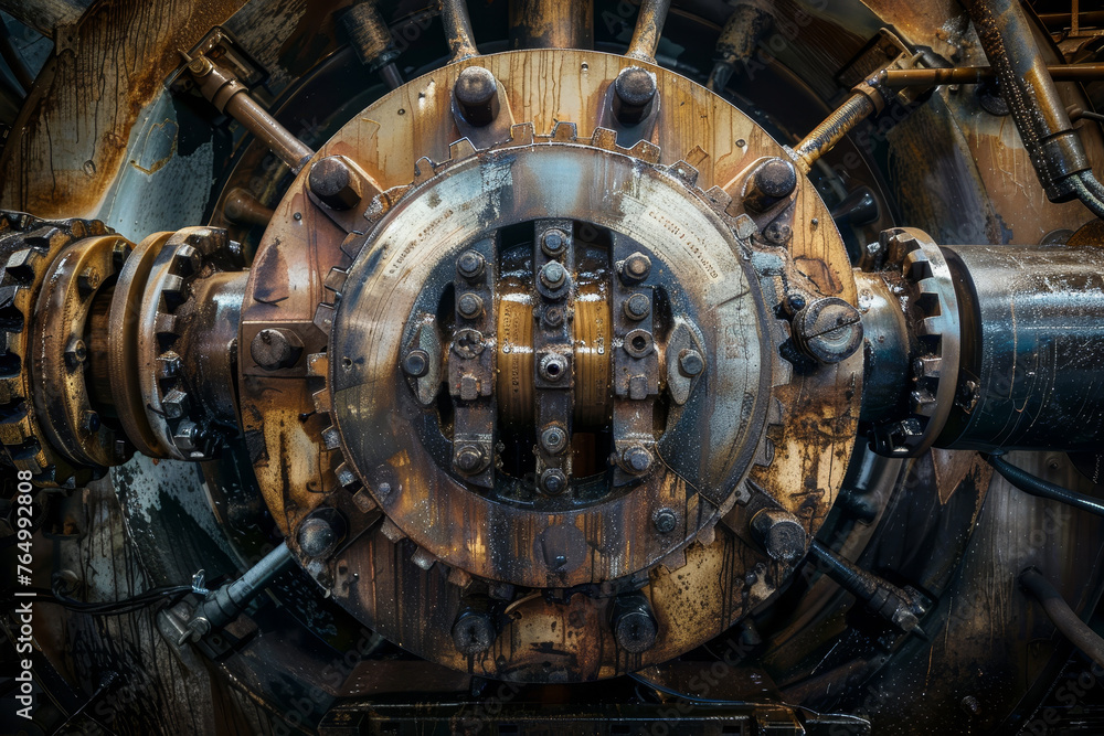 Poster a large industrial drill in operation, its rotating parts creating an abstract pattern of motion and