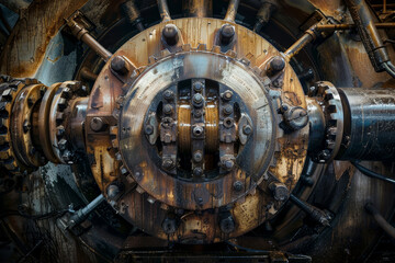 A large industrial drill in operation, its rotating parts creating an abstract pattern of motion and energy