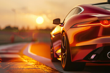 A luxury car on a race track, the warm light enhancing the car's sleek design and creating an...