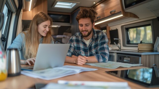 a couple of travelers planning their trip route inside a caravan, immersed in reading a paper map and jotting down notes in a notebook.