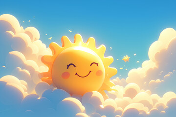 Fototapeta premium 3D cartoon cute sun smiley face on clouds