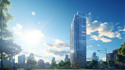 Obraz premium Photorealistic Tall building and behind it a beautiful and sky