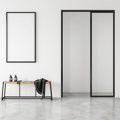 Modern interior design of hallway with glass sliding doors, black frame poster mockup on white wall and concrete floor, modern console table with hanger and cosmetic bottles, minimalist home decor