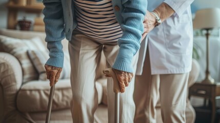 a nurse aids an elderly woman in standing up, their hands firmly gripping her walking stick, both dressed in a blue uniform and beige sweater with black stripes.