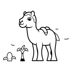 Camel standing on the sand with palm trees.
