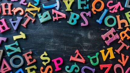 Colorful back to school theme: black chalkboard amidst wooden letters background with copy space, top view