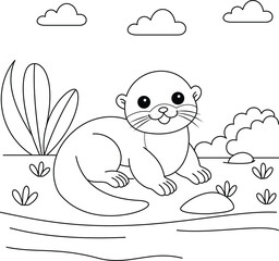 Cute Kawaii Otter Cartoon Character Coloring Page Vector Illustration
