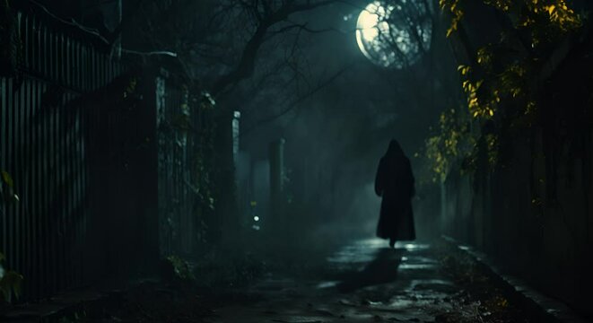 A mysterious figure casting a long shadow in a moonlit alley