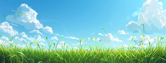 Beautiful green grass with blue sky and clouds banner vector style banner