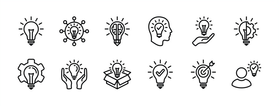 Business idea thin line icon vector. Containing light bulb, thinking out of the box, innovation, creativity. Lamp with brain, head, connection, gear settings, checkmark, target and goal management.